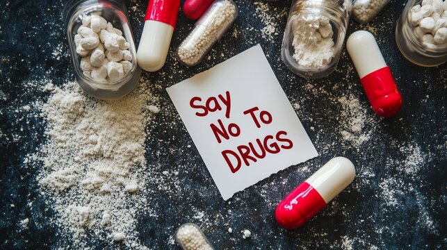  Say no to drugs on paper note with pills and capsules ice cocaine powder on floor concept of drug addiction