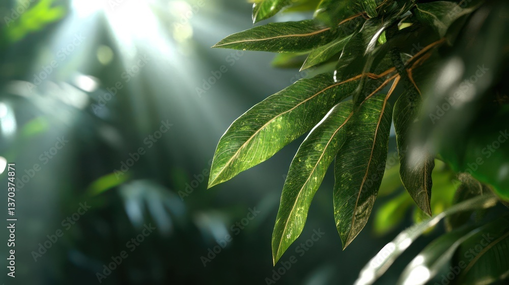 Poster sunlit green leaves with detailed texture and serene atmosphere in natural setting