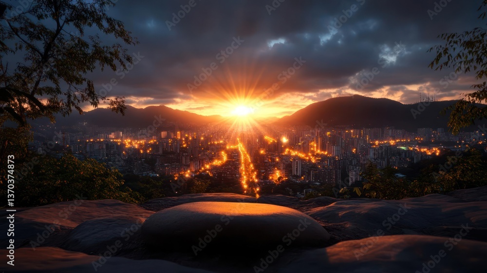 Poster sunset over cityscape behind mountain range with golden orange light in cloudy twilight