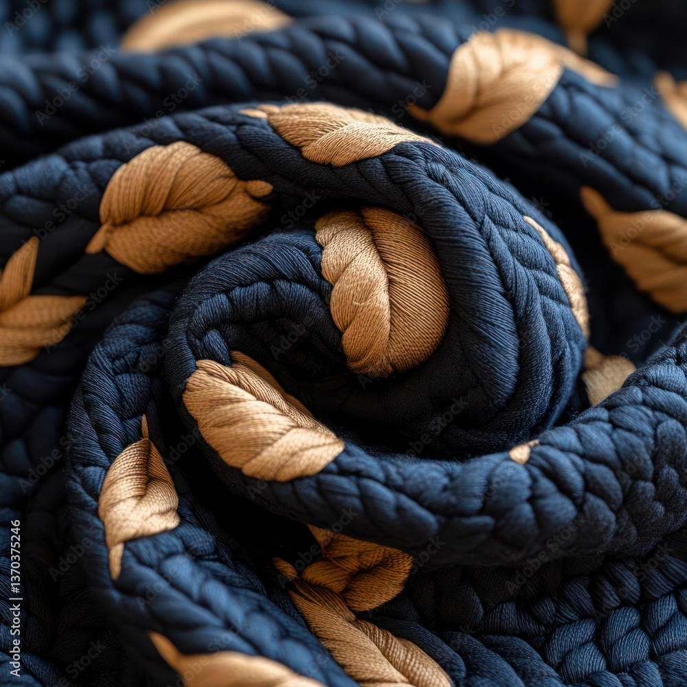 Poster close up view of blue quilted fabric with golden leaf pattern swirls showing detail and texture