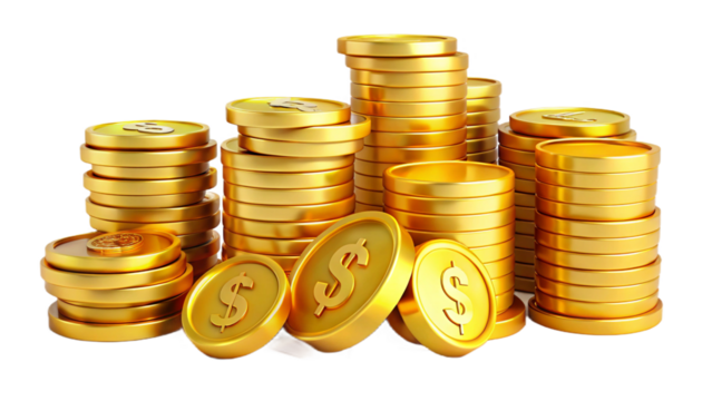 PNG Growth money step gold coin currency 3d finance business wealth investment cash profit isolated transparent background. Success financial bank economy illustration icon chart stack market concept.