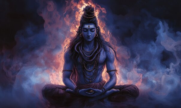 Shiva, the Hindu god, with a crown of fire, expression. He is sitting in a lotus position against a background of swirling smoke, fantasy art, concept art, digital painting,