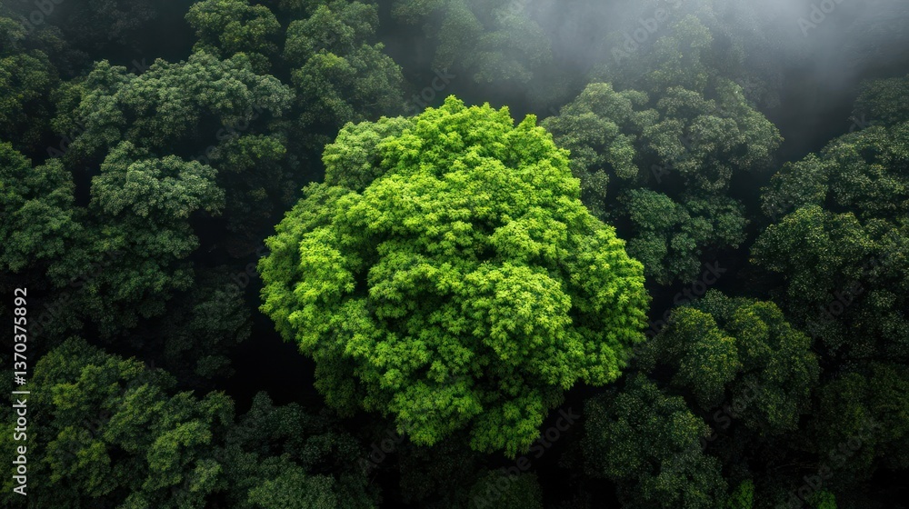 Poster Aerial View Of Green Forest With Central Tree Surrounded By Canopy And Soft Haze