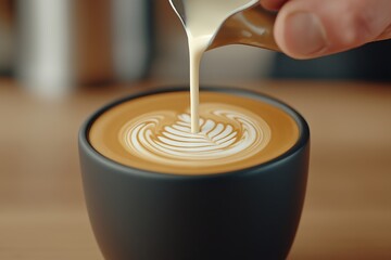 Barista Pouring Steamed Milk to Create Rosetta Latte Art in Dark Ceramic Cup, Cozy Café with Espresso Machine and Wooden Countertops, Coffee Culture, Artisan Beverage