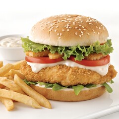 Crispy Chicken Burger with Fresh Lettuce, Tomato, and Golden Fries