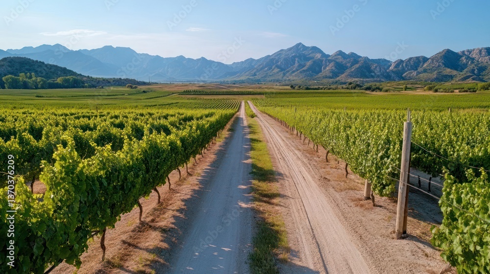 Poster expansive vineyard with dirt path leading to mountain range under clear sky during daytime