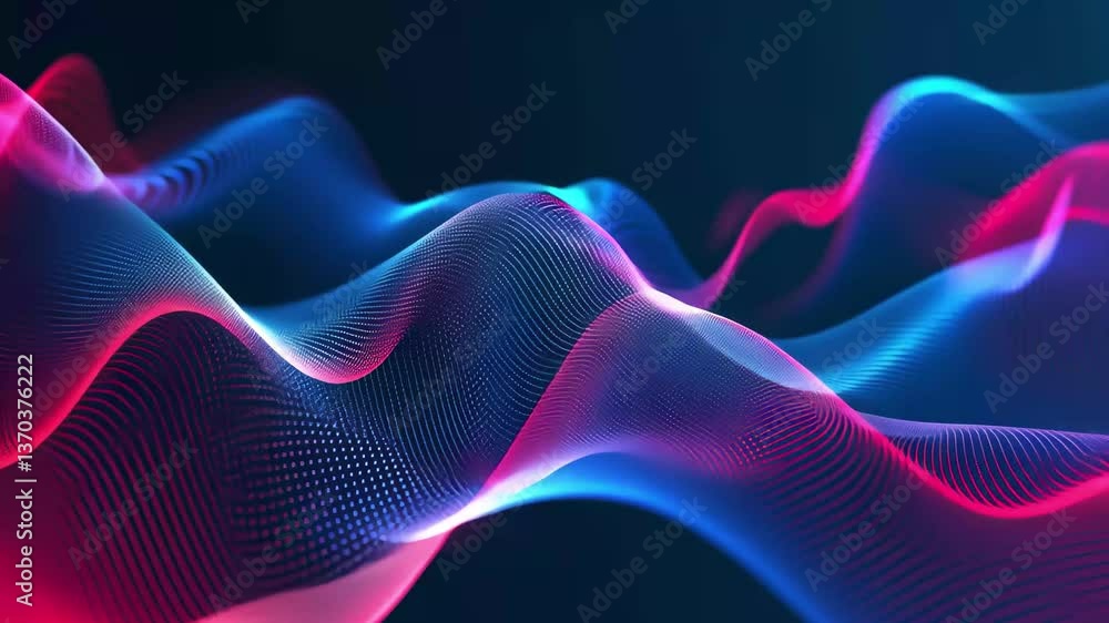Poster colorful wave patterns in red and blue blend seamlessly, creating a mesmerizing effect against a dar