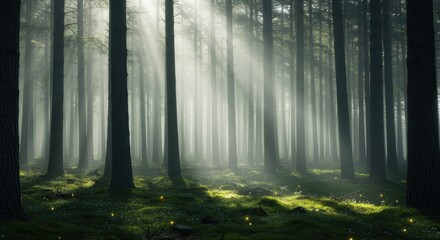Obraz premium Sunbeams through a misty forest. Tall trees and magical light create a serene and enchanting scene.