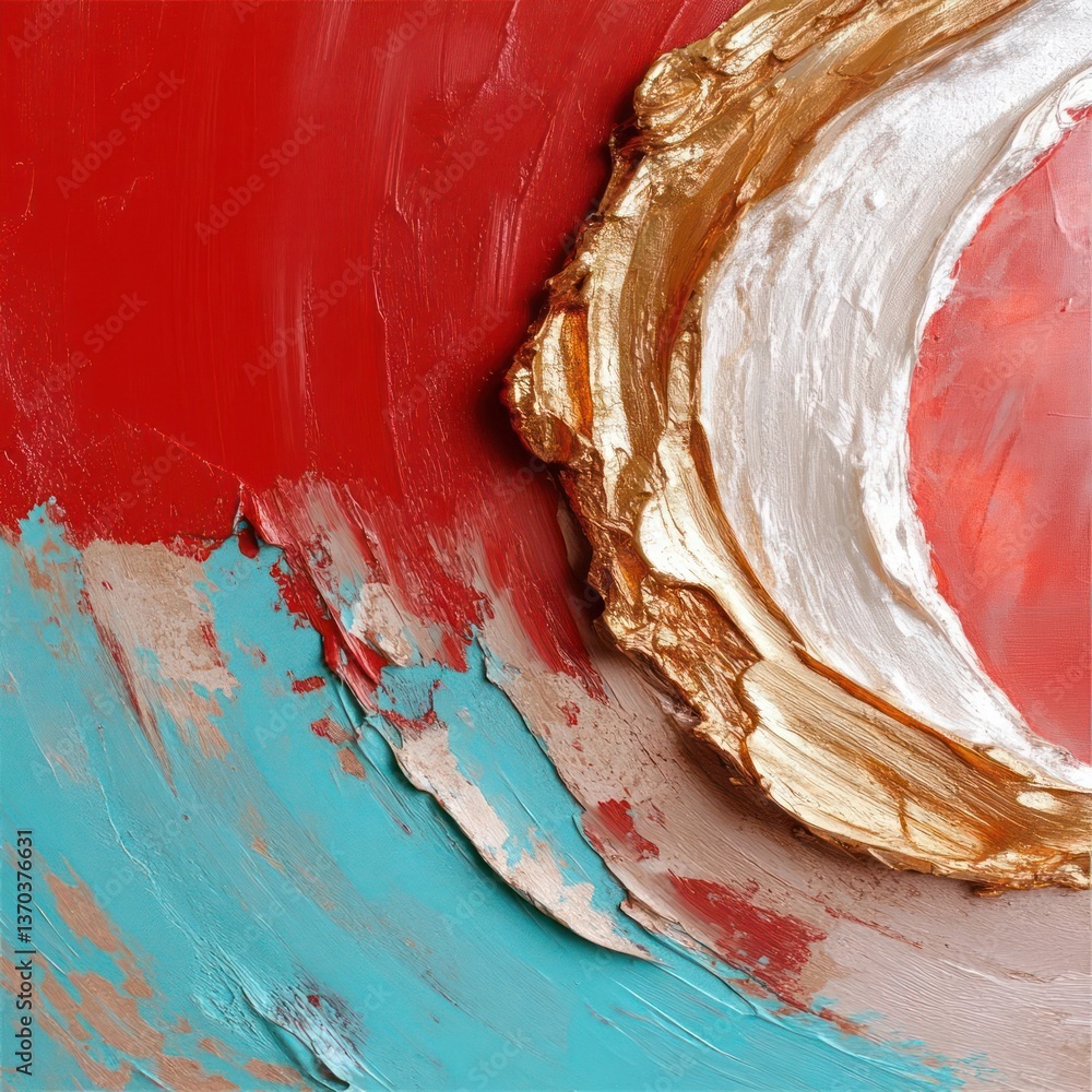 Poster abstract artwork with red gold and turquoise colors textured surface with brushstrokes and layering