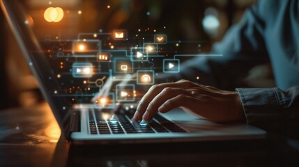 close up on man hand using tab pad on laptop to working about futuristic of social media marketing icon for internet network technology and business concept