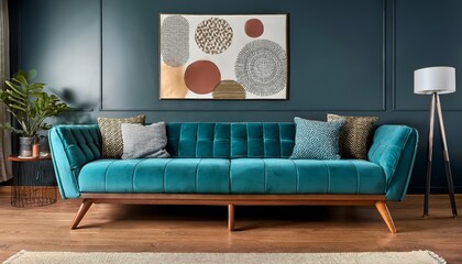 A stylish teal sofa with decorative cushions, accompanied by a modern artwork and a floor lamp, set against a dark wall and natural wood flooring.