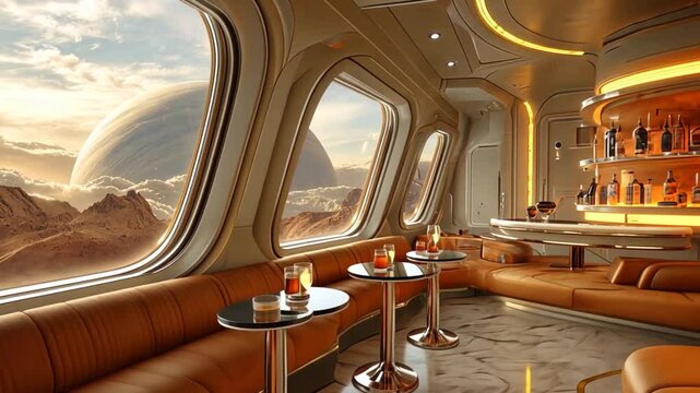 Futuristic space bar with planetary view