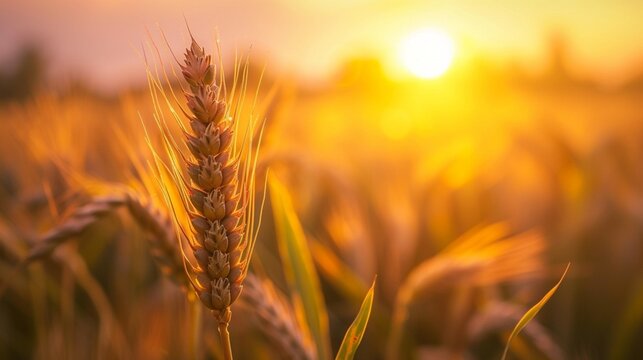 Closeup of an ear of wheat at the golden hour at dawn or dusk in a field cultivated