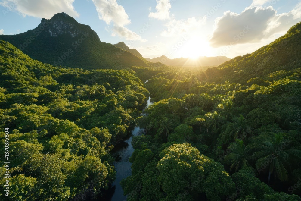 Aufkleber aerial view of lush green forest with river and mountain at sunset with sunlight creating warm atmos