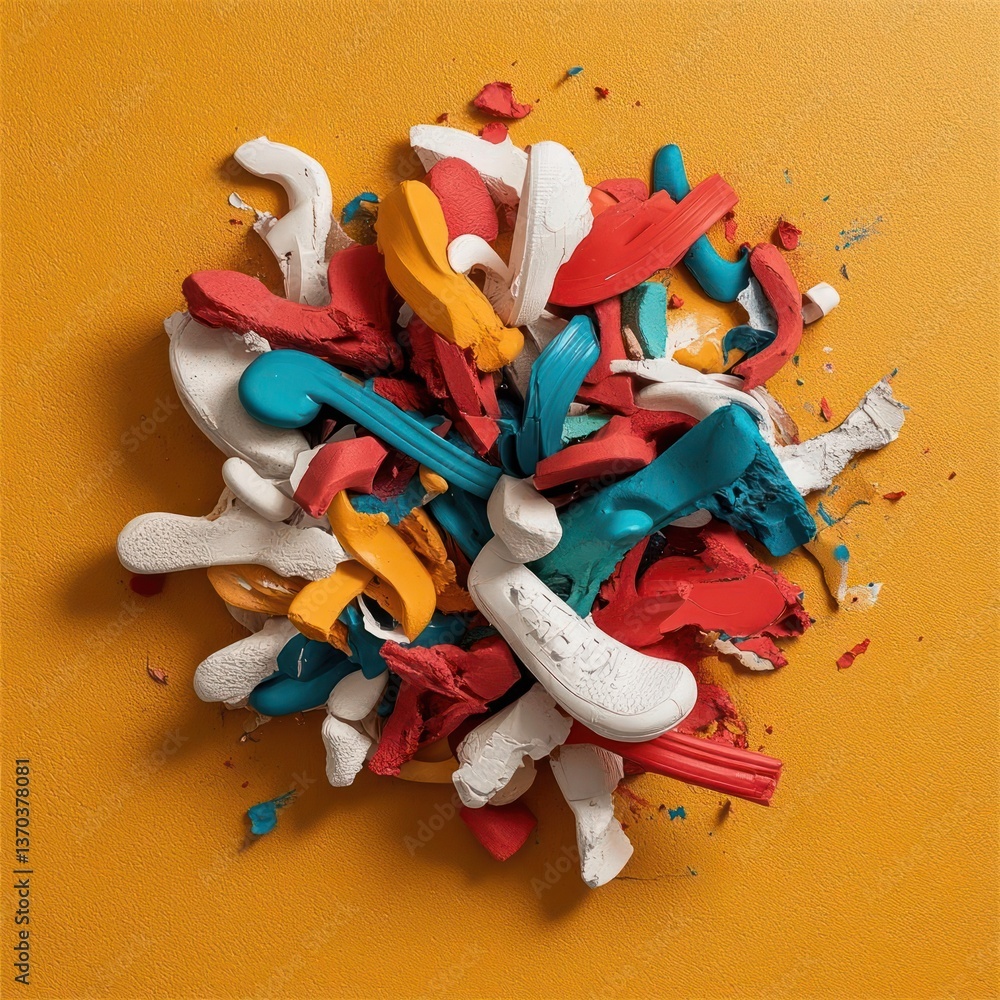 Poster abstract composition of colorful textured shapes scattered on bright orange surface