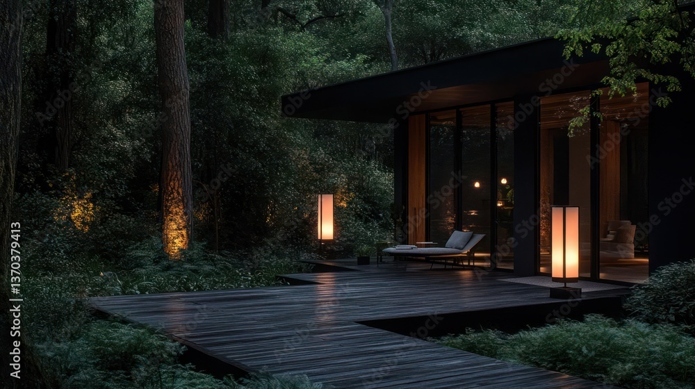 Poster Modern Forest Structure at Night Illuminated by Ambient Lighting Creating a Tranquil Atmosphere