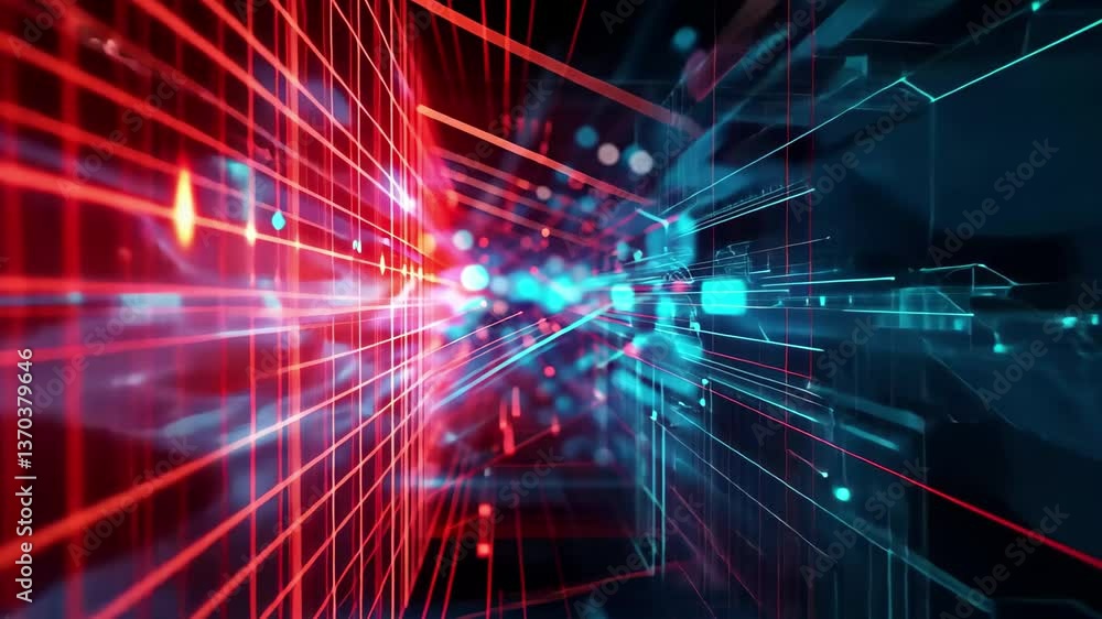Poster colorful light trails in blue and red create an abstract digital landscape, illustrating a seamless 
