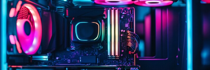 Close-up View of a High-Performance Gaming PC Setup with Neon RGB Lighting Effects