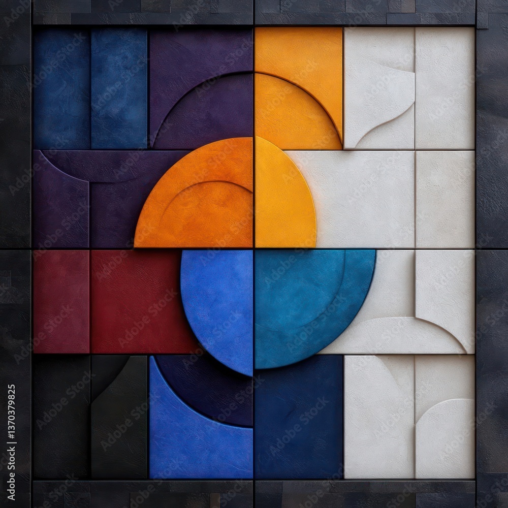 Poster colorful geometric tile wall art composition with square blocks in various hues against a dark backg