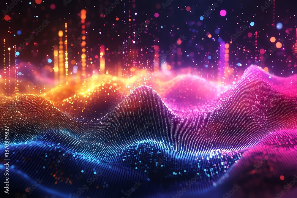 Poster abstract digital landscape with glowing particle waves and colorful lights