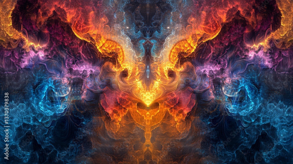 Poster colorful fractal patterns creating intricate symmetry with glowing hues