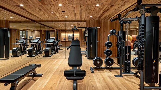 The interior of a contemporary home gym showcases an array of workout equipment, including weights and benches, complemented by elegant wooden paneling and mirrors.