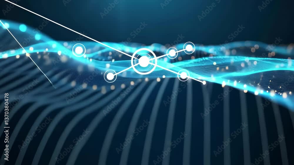 Poster the artwork features flowing digital waves highlighted by luminous particles, creating a captivating