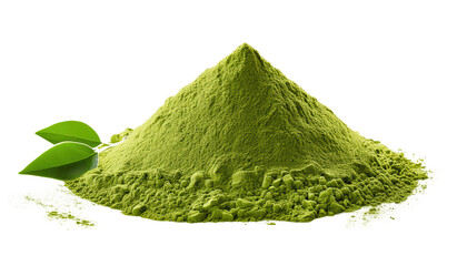 Instant matcha green tea powder with leaves  Isolated On PNG Transparent and White Background 