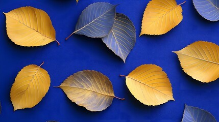Obraz premium Autumn Leaves Blue Background Pattern Design