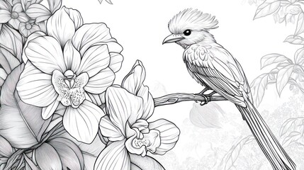 Detailed line drawing of bird perched on orchid branch