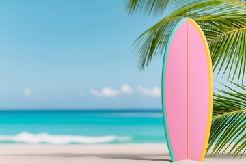 Brightly Painted Surfboard in Sand with Tropical Palm Trees and Turquoise Waves, Surfing, Beach Vacation, Coastal Scene, Summer Holiday, Surf Culture, Tropical Beach Landscape, Ocean Waves
