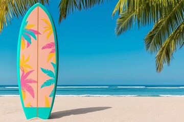 Brightly Painted Surfboard in Sand with Tropical Palm Trees and Turquoise Waves, Surfing, Beach Vacation, Coastal Scene, Summer Holiday, Surf Culture, Tropical Beach Landscape, Ocean Waves