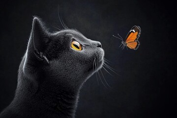 Obraz premium A Scottish Fold cat with round, wide eyes, staring curiously at a butterfly