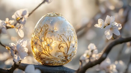 Fototapeta premium Ornate Easter egg amidst spring blossoms