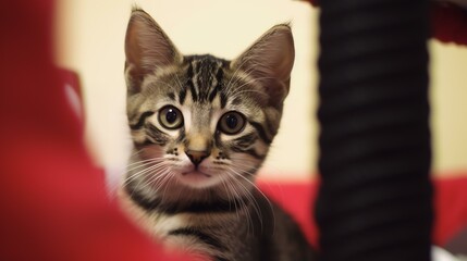 Fototapeta premium Adorable tabby kitten looks directly at the camera with big eyes Perfect for pet and animal themed projects