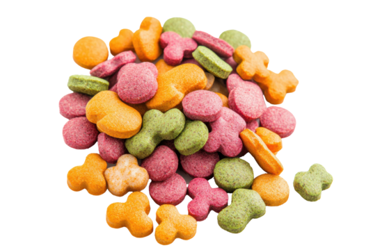 Colorful dog treats in various shapes for pet enjoyment on a transparent background, cut out