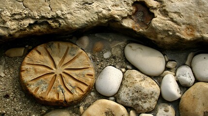 Ancient Stone Carving with River Rocks and Pebbles