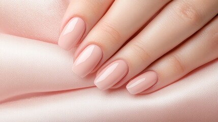 A close-up of manicured hands with elegant, pale pink nails resting on soft satin fabric.