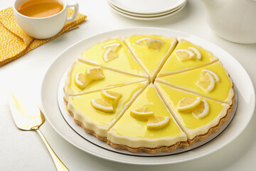 Delicious lemon cheesecake served on white table, closeup