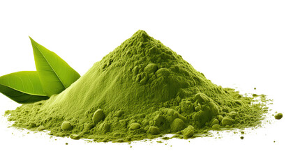 Instant matcha green tea powder with leaves  Isolated On PNG Transparent and White Background 