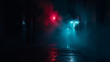 Dark street night smog and smoke neon light. Dark background of the night city ray of light in the dark. Gloomy dark background.