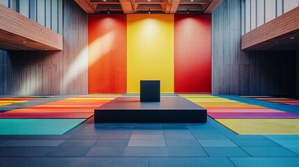 A large gym space, an empty podium in the center, colorful workout mats scattered behind it