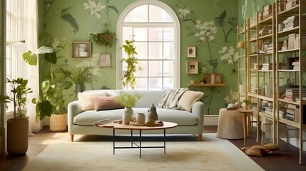 Serene Living Room with Green Floral Wallpaper and Plants