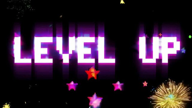 Pixelated level up text with glowing purple letters fireworks and stars on black background in retro game style