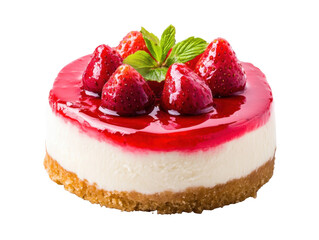 Strawberry cheesecake with fresh strawberries and mint on a transparent background, cut out