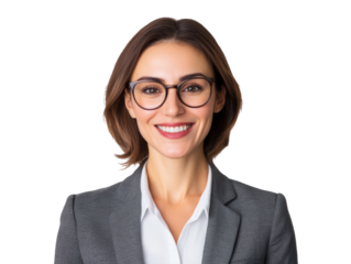 Confident woman in glasses smiles for career growth on a transparent background, cut out