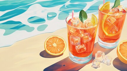 Obraz premium Refreshingly Bright Citrus Cocktail with Ice and Fruit Slices on a Sandy Beach