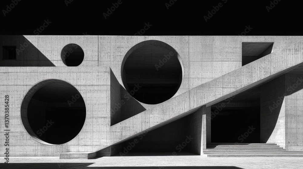 Aufkleber geometric concrete structure featuring circular and triangular cutouts in black and white
