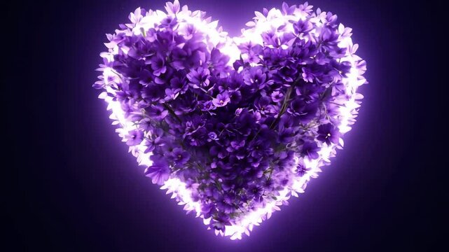Glowing purple heart made of blooming flowers on dark background symbolizing love beauty and romantic elegance