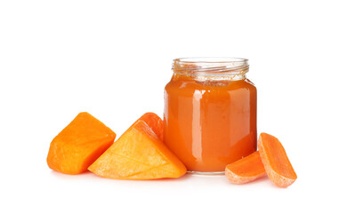 Baby food. Tasty puree in jar and ingredients on white background
